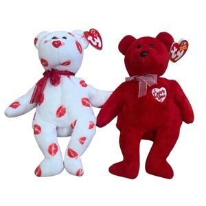 TY Beanie Baby Valentine Bear Bundle 2000 & 2003 Kiss Me I Love You Plush Lot